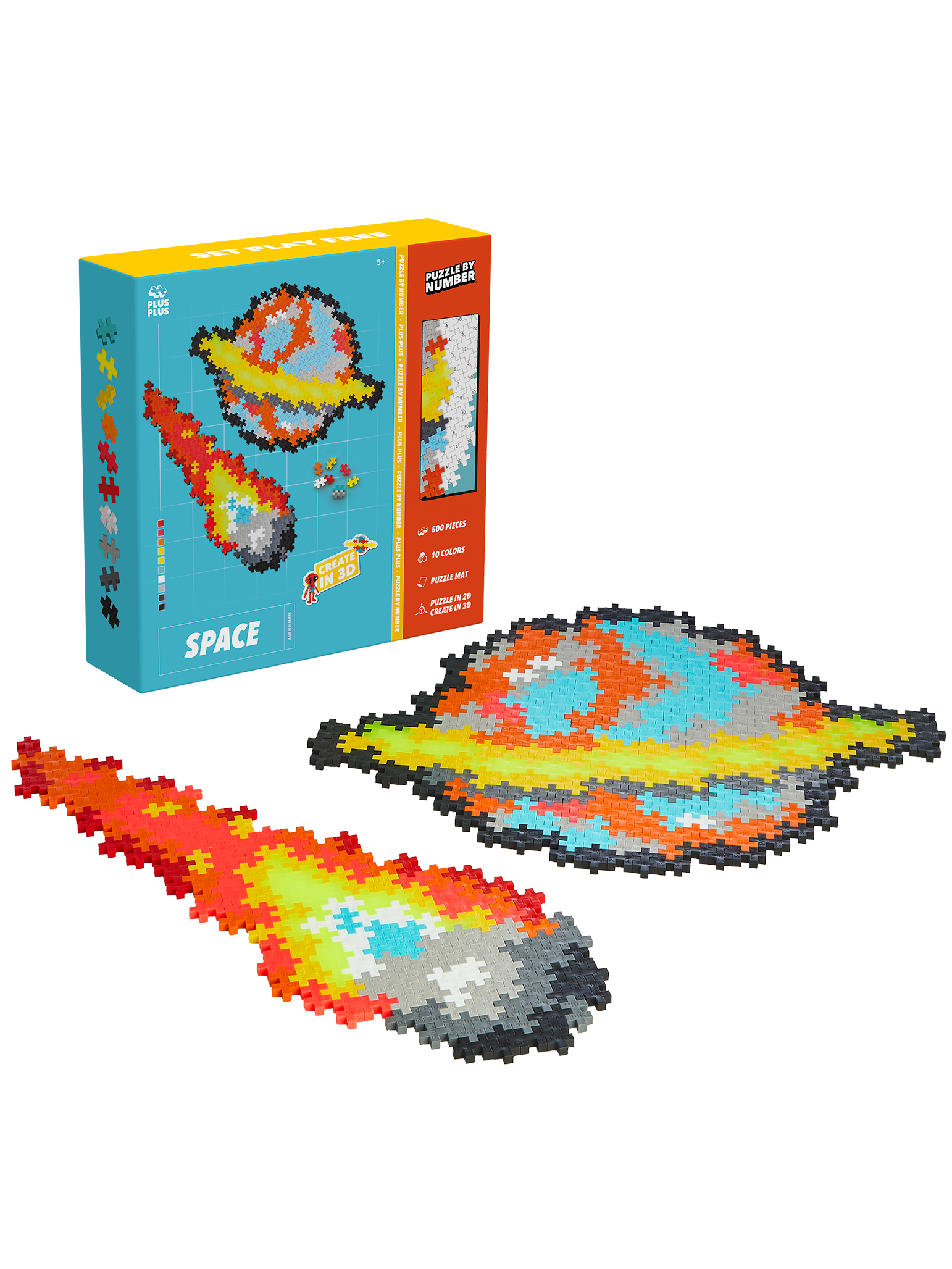 Plus-Plus Puzzle By Number Rummet med 500 farverige brikker og skabelon. Byg stjerner, planeter og rumskibe ved at matche tal og farver i et kreativt rum-eventyr